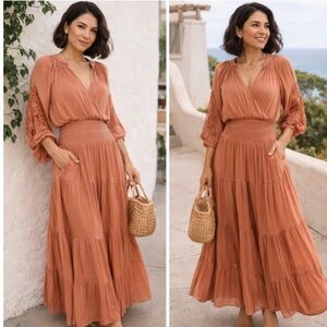 A Collective Story Ada Tiered Midi Dress Smocked Waist Long Sleeve Lace Large